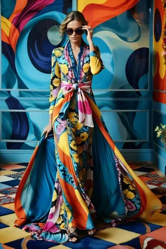 Fashion show ,a woman wearing a long colorful dress,rayon,caftan,caftans,dreamcoat,flamboyant,abfab,Photography,General,Realistic