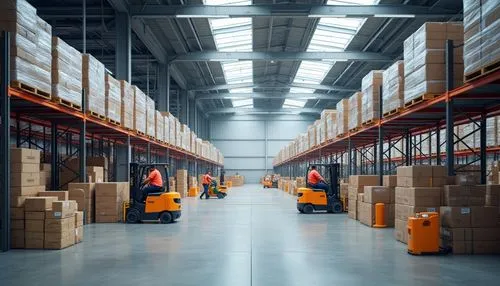 Modern distribution center, international style, minimalist architecture, sleek lines, angular shapes, neutral color palette, polished concrete floors, steel beams, industrial lighting, rows of shelve