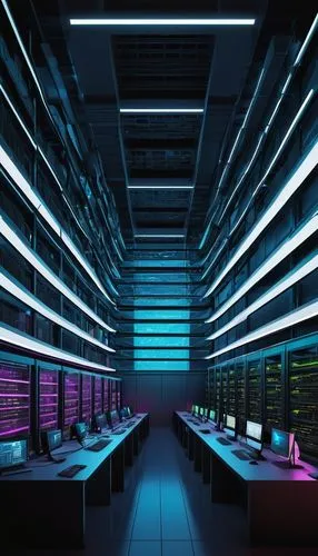 Tiered network architecture, futuristic, sleek lines, metallic materials, neon lights, 2-tier or 3-tier structure, servers, routers, switches, cables, wires, circuit boards, motherboards, CPU, RAM, GP