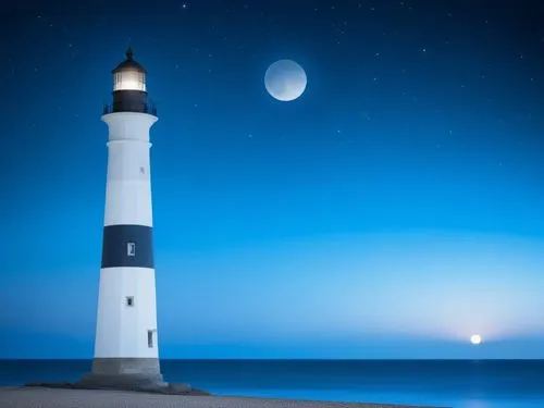 lune sur plage sombre avec un phare,the light house is on the sand near the water,electric lighthouse,lighthouse,lighthouses,light house,petit minou lighthouse,faro