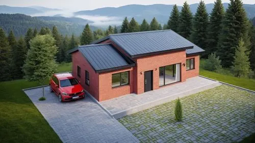 representation of mountains and trees in the background,prefabricated buildings,passivhaus,electrohome,smart house,house trailer,cubic house,heat pumps,smart home,cube house,3d rendering,small house,m