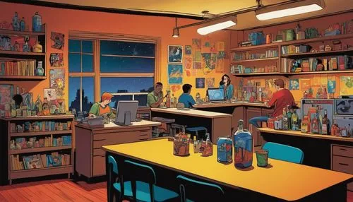 study room,laboratory,chemical laboratory,classroom,schoolroom,computer room,the kitchen,workspace,liquor bar,apothecary,pharmacy,clowes,laboratories,kitchen,workroom,mckelvie,chomet,nighthawks,pantry,sci fiction illustration,Illustration,American Style,American Style 09