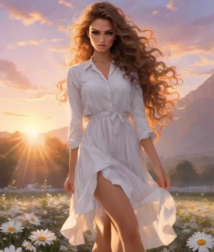 The woman, with long, curly hair and tanned skin, gazes intently at the camera. She's wearing a tailored white dress and a pair of comfortable socks. She wears a pair of daisies and a wide grin, and h