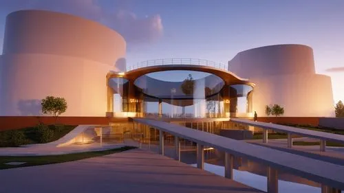 make this render more realistic and add dynamic windows in the building as well,modern building designed around the central entrance to the facility,futuristic art museum,cooling towers,nuclear reacto