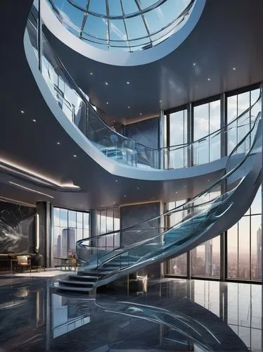 futuristic art museum,circular staircase,spiral staircase,futuristic architecture,blavatnik,winding staircase,atrium,skywalks,staircase,atriums,spiral stairs,staircases,glass facade,glass building,sky space concept,penthouses,mercedes-benz museum,safdie,escalators,glass wall,Illustration,Black and White,Black and White 10