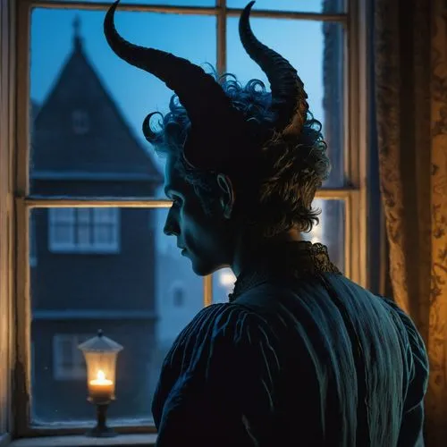 An androgynous demon with short horns and dressed in faded blue looks down at a window into a dark living room at night,a woman in horned headpiece stares out a window,lubezki,maleficent,vastra,welbor