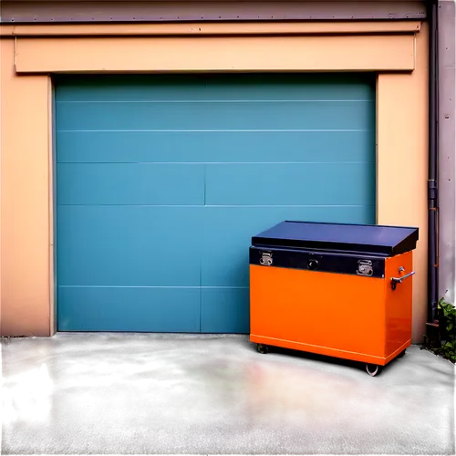 Garage, cartoon style, bright colors, metallic door, rolling shutter, concrete floor, toolboxes, workbench, vice grip, scattered wrenches, rusty old car parts, softbox lighting, 3/4 composition, shall