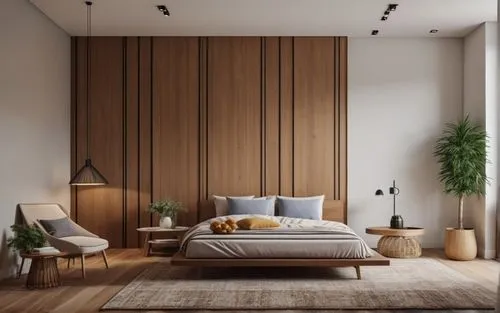 an interior po shows the bed, couch and nightstands,wooden wall,modern decor,modern room,headboards,limewood,modern minimalist lounge,patterned wood decoration,bedroom,contemporary decor,headboard,woo