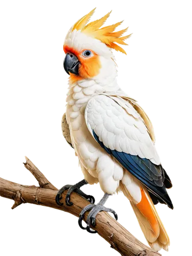 Colorful cockatoo, white plumage, vibrant crest, bright orange beak, curious eyes, playful pose, perched on branch, grasping with claws, soft feathers, detailed texture, morning sunlight, warm lightin