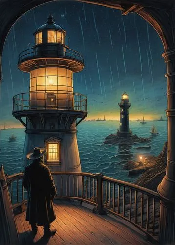 schuiten,lighthouses,schuitema,night scene,lighthouse,wyland,Illustration,Realistic Fantasy,Realistic Fantasy 05