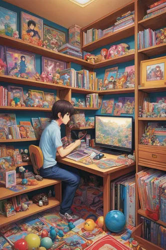 playing room,studio ghibli,game room,study room,book store,kids room,computer room,children's room,bookshelves,book wall,workspace,bookworm,bookshelf,boy's room picture,bookstore,the little girl's room,bookcase,working space,creative office,browsing,Illustration,Retro,Retro 16
