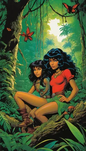 Craft an adventurous story where Catra and Adora explore a hidden jungle, encountering rare creatures and solving ancient puzzles along the way.,background ivy,lilo,fairies,polynesian girl,fairies alo