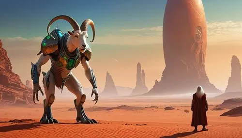 Alien creature, goat-like features, horns, green scaly skin, glowing blue eyes, long white beard, standing on hind legs, Martian landscape, red sandy dunes, distant twin suns, rocky outcrops, futurist