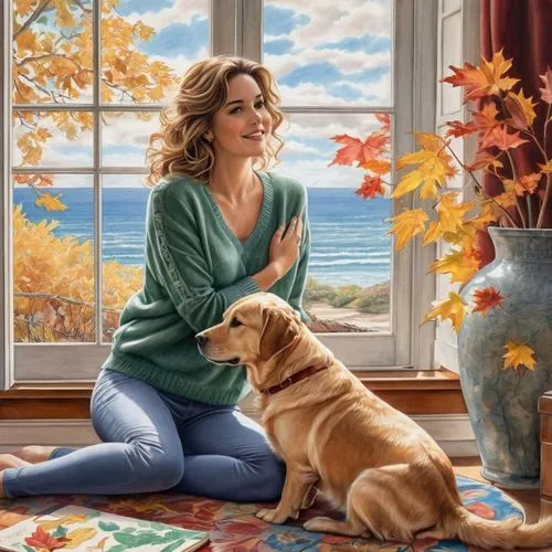 girl with dog,autumn idyll,donsky,romantic portrait,heatherley,autumn icon,Conceptual Art,Daily,Daily 17