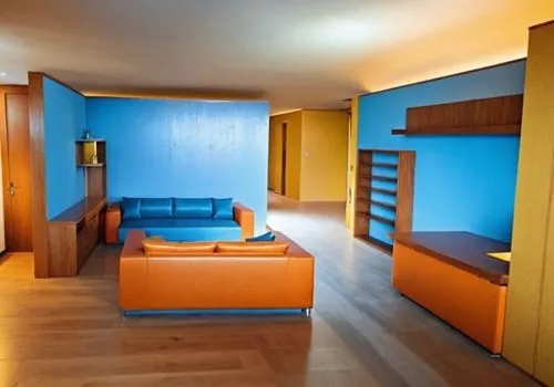 turn main wall into blue color. Turn sofas into orange frame with blue cushions and yellow pillows. Change shelves into color yellow. Convert Mini bar into orange. Wall on the left is yellow.,a room w