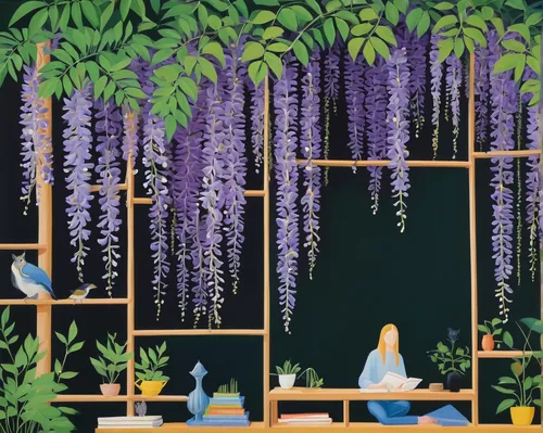 wisteria shelf,wisteria,robins in a winter garden,flower shop,garden birds,flower booth,lilac arbor,floral and bird frame,ikebana,flower and bird illustration,aviary,grape hyacinths,garden shed,grape hyacinth,grape-hyacinth,japanese floral background,greenhouse,blue birds and blossom,tropical birds,nursery,Conceptual Art,Oil color,Oil Color 13