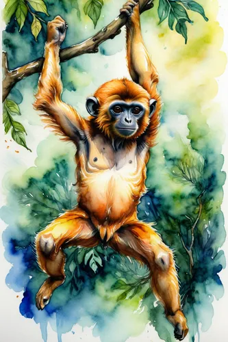 A ginger gibbon hanging from a branch in the jungle. Cute. Close-up. Pen and ink drawing, with watercolour on coarse paper. ,tree sloth,gibbon,slow loris,sifaka,pygmy slow loris,tamarin,gibbon 5,orang