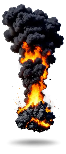 Dynamic explosion, intense shockwave, debris flying everywhere, smoke and flames rising, loud cracking sound, 3D rendered, realistic destruction, dramatic lighting, cinematic composition, high contras