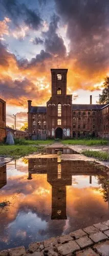 Abandoned, old, brick, industrial, architectural, depot, building, solo, standing, alone, urban, city, sunset, warm, golden, lighting, dramatic, clouds, background, cinematic, composition, low-angle, 