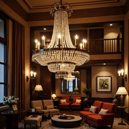 Elegant chandeliers, ornate metalwork, crystal droplets, warm soft glow, cozy atmosphere, luxurious living rooms, high ceilings, grand staircases, opulent furnishings, rich wood tones, velvet drapes, 