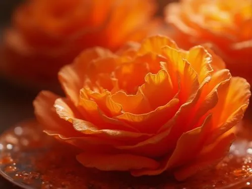 Vibrant orange-red color, dynamic still life, fruits or flowers on a decorative table, warm golden lighting, shallow depth of field, blurred background, highly saturated colors, 3/4 composition, Dutch