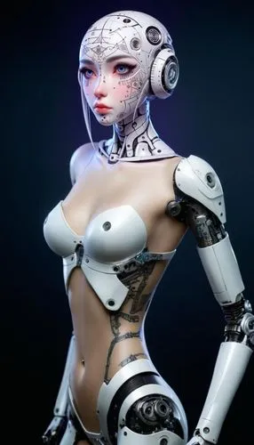 realistic cyborg 3d plastic droid girl, dash-pattern tattoos, tattooed robot with white plastic skin, naturalistic uncovered female mechanic parts, mechanic body from metal and white plastic, complex 