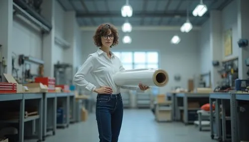 Modern designer, female, 25yo, standing, confident pose, black glasses, short curly brown hair, minimal makeup, white shirt, dark blue jeans, sneakers, holding a roll of polyethylene film, workshop, i