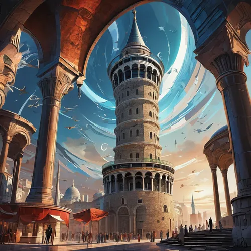 ancient city,constantinople,fantasy city,tower of babel,arcanum,hagia sofia,fantasy art,the ancient world,islamic architectural,fantasy picture,sci fiction illustration,fantasy world,minarets,big mosque,fantasy landscape,castle of the corvin,airships,grand bazaar,mosques,pillars,Conceptual Art,Sci-Fi,Sci-Fi 06