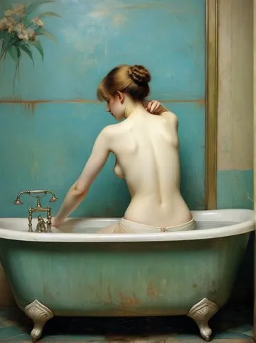 Bathing beauty. Let the motif appear as a French impressionist painting as if it had been painted by Edgar Degas.,a painting of a woman sitting in a tub,the girl in the bathtub,emile vernon,narcisse,l