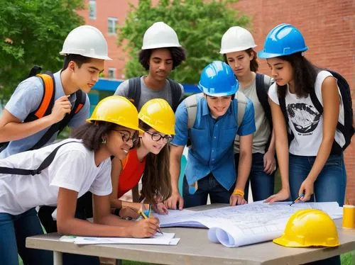 Summer camp, architecture program, high school students, diverse group, 15-18 years old, casual clothes, t-shirts, jeans, sneakers, backpacks, laptops, drawing tools, measuring tapes, hard hats, safet