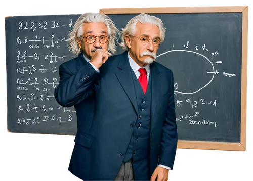 Albert Einstein, old man, wild hair, bushy eyebrows, mustache, wrinkles, glasses, suit, tie, holding chalk, standing in front of blackboard, scribbling equations, intense thinking face, warm lighting,