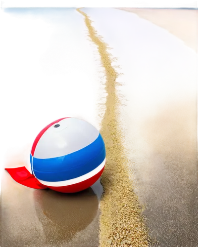 Beach ball, colorful stripes, white and blue, inflated, shiny surface, soft lighting, slightly deflated, lying on sand, 3/4 composition, shallow depth of field, warm color tone, cinematic lighting.,be