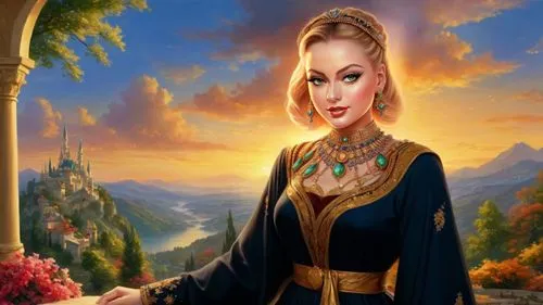 Romantic masterpiece oil painting, beautiful girl portrait, abaya dress, nostalgic 1950's style kitsch, breathtaking beautiful epic vast landscape, majestic scenery, highly detailed, high res, absurdr