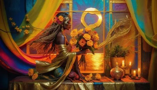 Elegant Fantasy of Shiva,a woman in traditional dress sits near a window and displays roses,stage curtain,the annunciation,radhakrishna,puppet theatre,fantasy picture,rem in arabian nights,Photography