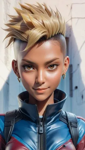 anime, bright and saturated colors, smile, mohawk haircut, shave sides head, ,real anime african face reference,lyoko,amora,zarya,maeve,tenkrat,emeli,Unique,3D,3D Character