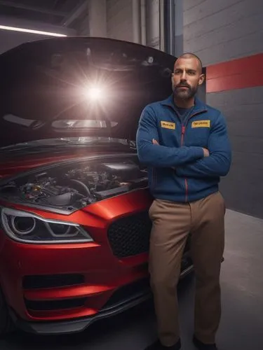 a man stands by a red sports car,carbossiterapia,adam opel ag,pennzoil,srt,nhtsa,meineke,Photography,General,Natural