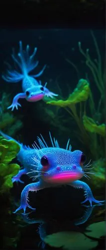 Bioluminescent axolotl, underwater scene, vibrant glowing blue spots, transparent skin, feathery gills, delicate limbs, aquatic plants, water lilies, soft focus, dreamy atmosphere, dim lighting, misty