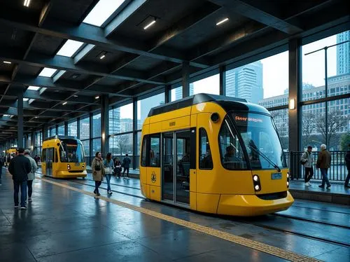 Urban tram station, industrial chic aesthetic, exposed steel beams, polished concrete floors, modern glass fa\u00e7ade, sleek metallic accents, vibrant color scheme, bold yellow tones, deep blue hues,