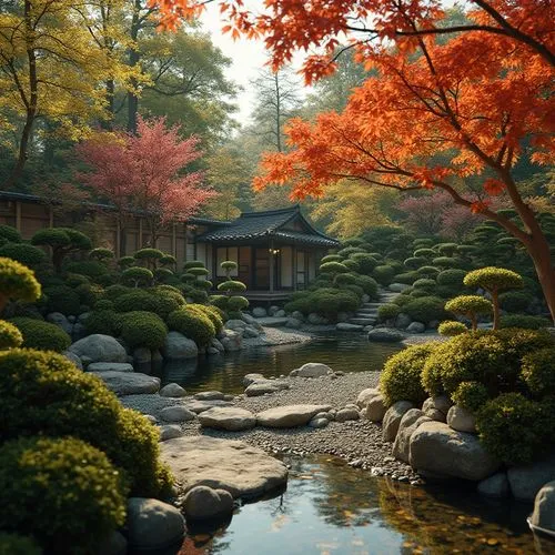 Traditional Japanese garden, meticulously arranged, stone lanterns guiding the path, a tranquil koi pond with arched bridge, meticulously pruned bonsai trees and maple leaves changing hues, raked grav