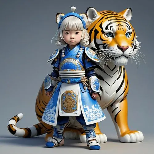 gzhel tiger, rusian gzhel style, tiger with gzhel samurai armor,the gzhel samurai doll and tiger,royal tiger,asian tiger,blue tiger,white tiger,type royal tiger,xiahou,Illustration,Japanese style,Japa