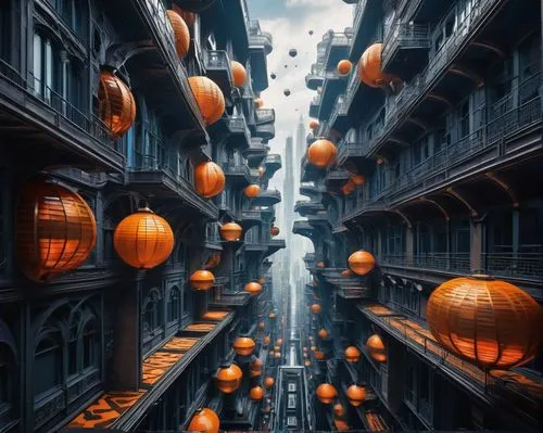 Dreamlike cityscape, Inception-inspired architecture, futuristic skyscrapers, sleek metallic structures, twisted gravity-defying buildings, staircases floating in mid-air, impossible geometry, Escher-