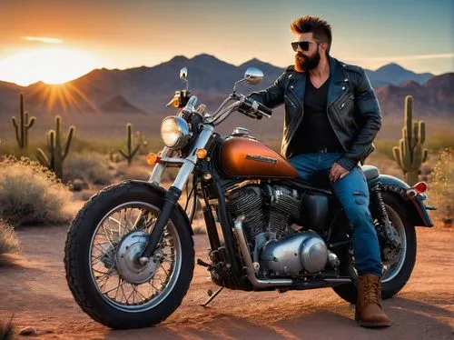 Maverick, muscular man, rugged beard, messy hair, aviator sunglasses, black leather jacket, ripped blue jeans, brown boots, leaning against, old motorcycle, desert landscape, cactus, rocky terrain, dr