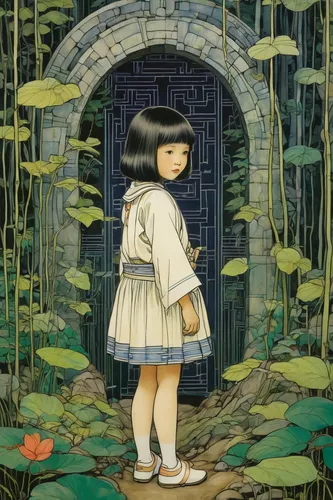 shirakami-sanchi,studio ghibli,fairy door,girl in the garden,mari makinami,eurema lisa,garden door,the little girl,the little girl's room,wishing well,children's fairy tale,girl praying,dandelion hall,little girl in wind,little girl reading,fairy tale character,child fairy,forest clover,little girl fairy,fairy tale,Illustration,Retro,Retro 05