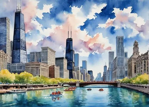 chicagoland,chicago skyline,chicagoan,chicago,metra,birds of chicago,illinoisan,dearborn,amerio,illinoian,world digital painting,lake shore,americana,taurica,cartoon video game background,chicagoans,usa landmarks,city scape,fantasy city,sears tower,Illustration,Paper based,Paper Based 25