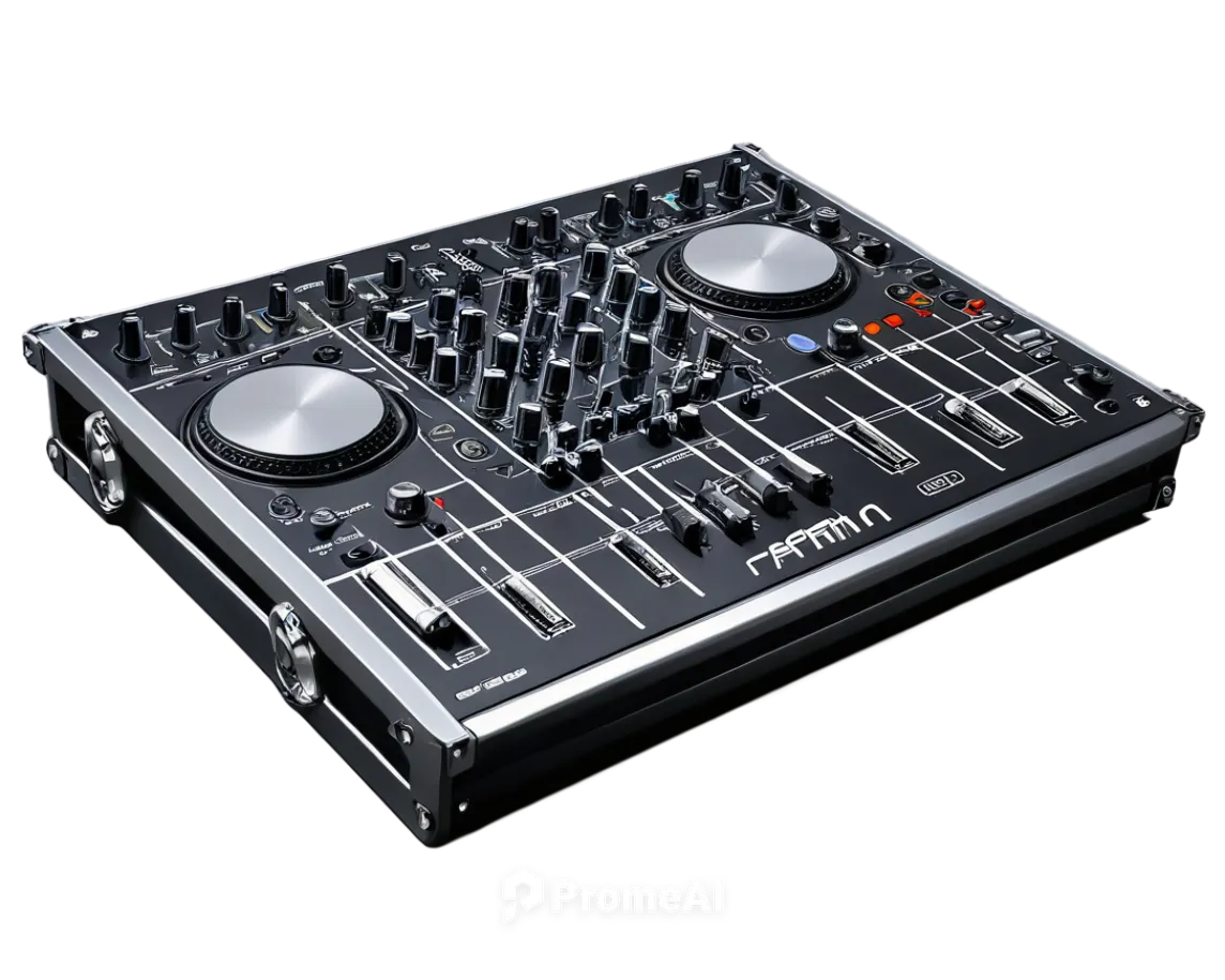 Audio equipment, music mixer, DJ console, flashing LED lights, metal body, knobs and sliders, headphones on hook, cables plugged in, studio background, low-angle shot, dramatic lighting, shallow depth