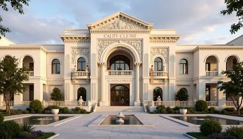 Grandiose youth center facade, ornate columns, intricate stone carvings, majestic archways, symmetrical compositions, creamy white marble surfaces, soft golden lighting, subtle gradient sky, 1/1 compo