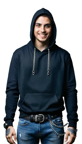 Spooky mysterious figure, dark background, eerie glowing eyes, sinister smile, black hoodie, torn jeans, chains hanging from belt, bold tattoo on neck, menacing pose, low-key lighting, high contrast, 