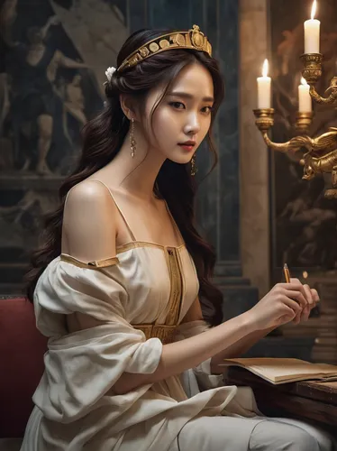 diadem,girl in a historic way,fairy tale character,girl studying,cinderella,romantic portrait,fantasy portrait,accolade,portrait of a girl,mystical portrait of a girl,gold crown,golden crown,laurel wreath,phuquy,young woman,mandu,fantasy art,watchmaker,princess sofia,arang,Conceptual Art,Fantasy,Fantasy 23