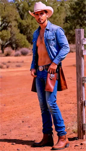 Western cowboy, solo, male, mature, rugged face, strong jawline, blue eyes, bushy eyebrows, messy brown hair, worn leather boots, faded denim jeans, plaid shirt, wide-brimmed hat, holstered pistol, st