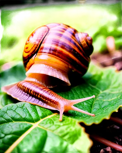 Snail, shell brown with yellow stripes, slimy trail, leaf green background, tiny eyes, antennae, mouth open, eating leaf, slow movement, close-up shot, shallow depth of field, soft natural light, warm